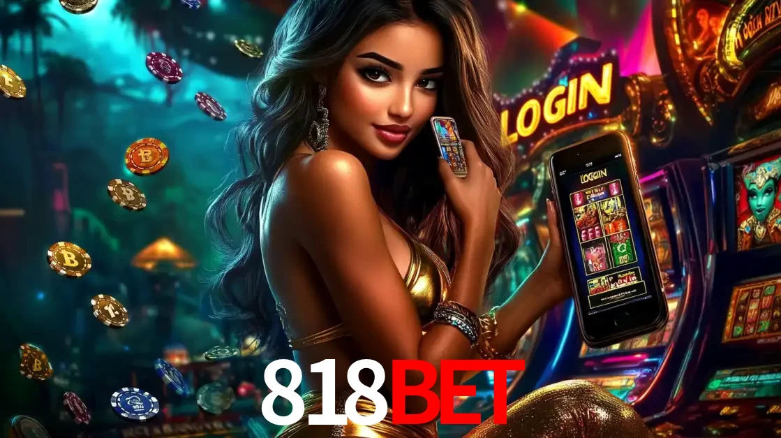 Mulher em um cenário de cassino temático de aventura, mostrando o app de caça-níqueis da 818BET no celular. Fichas de apostas flutuam ao redor.