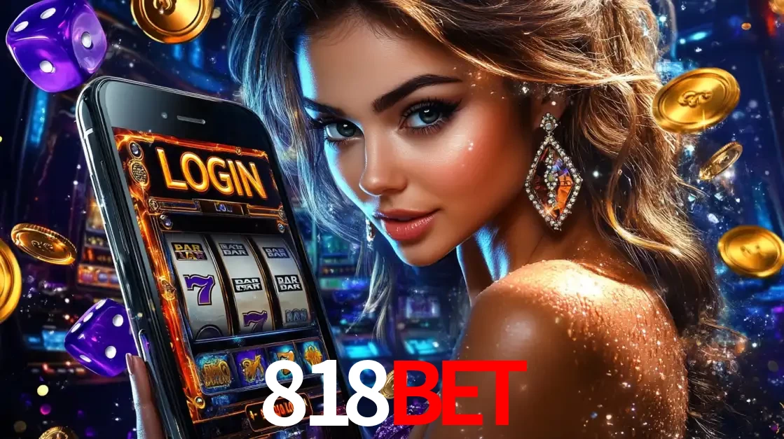 Mulher glamorosa segurando um smartphone com a tela de login para os jogos de caça-níqueis do cassino online 818BET, com moedas de ouro e dados ao redor.