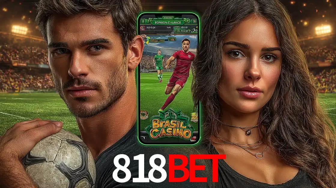 Homem segurando uma bola de futebol e uma mulher ao lado de um smartphone exibindo o jogo de apostas esportivas da 818BET. Faça seu palpite no cassino online.
